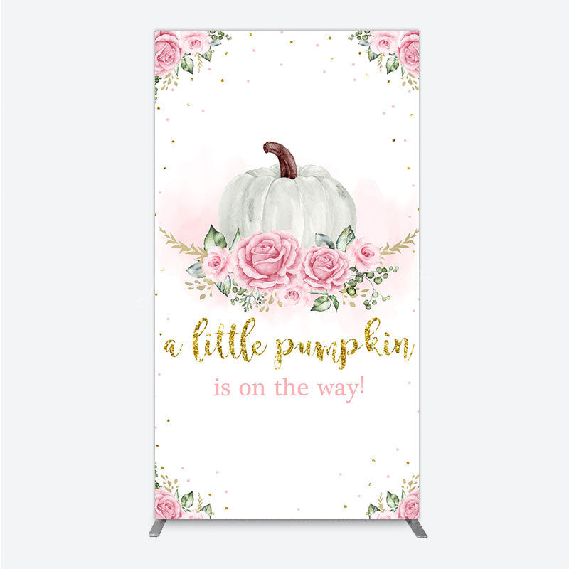 Lofaris A Little Pumpkin is on the Way Rectangle Backdrop Pink Floral and Gold Glitter Girl Baby Shower Party Decor