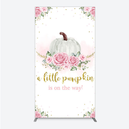 Lofaris A Little Pumpkin is on the Way Rectangle Backdrop Pink Floral and Gold Glitter Girl Baby Shower Party Decor