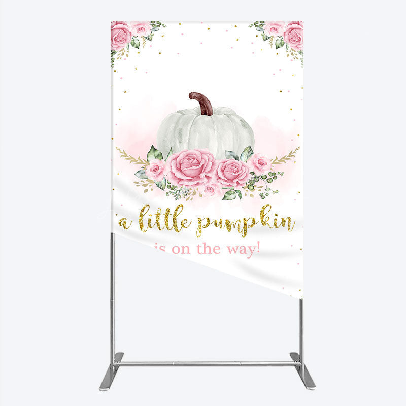 Lofaris A Little Pumpkin is on the Way Rectangle Backdrop Pink Floral and Gold Glitter Girl Baby Shower Party Decor