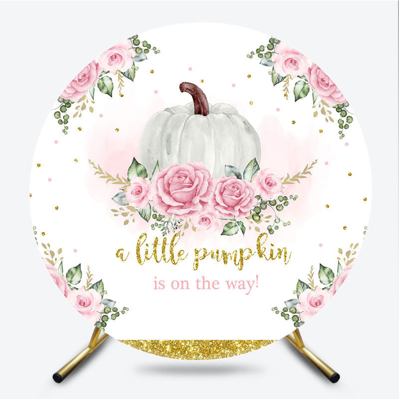 Lofaris A Little Pumpkin is on the Way Round Backdrop Pink Floral and Gold Glitter Girl Baby Shower Party Decor