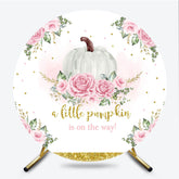 Lofaris A Little Pumpkin is on the Way Round Backdrop Pink Floral and Gold Glitter Girl Baby Shower Party Decor