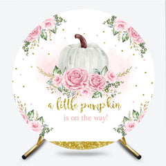 Lofaris A Little Pumpkin is on the Way Round Backdrop Pink Floral and Gold Glitter Girl Baby Shower Party Decor