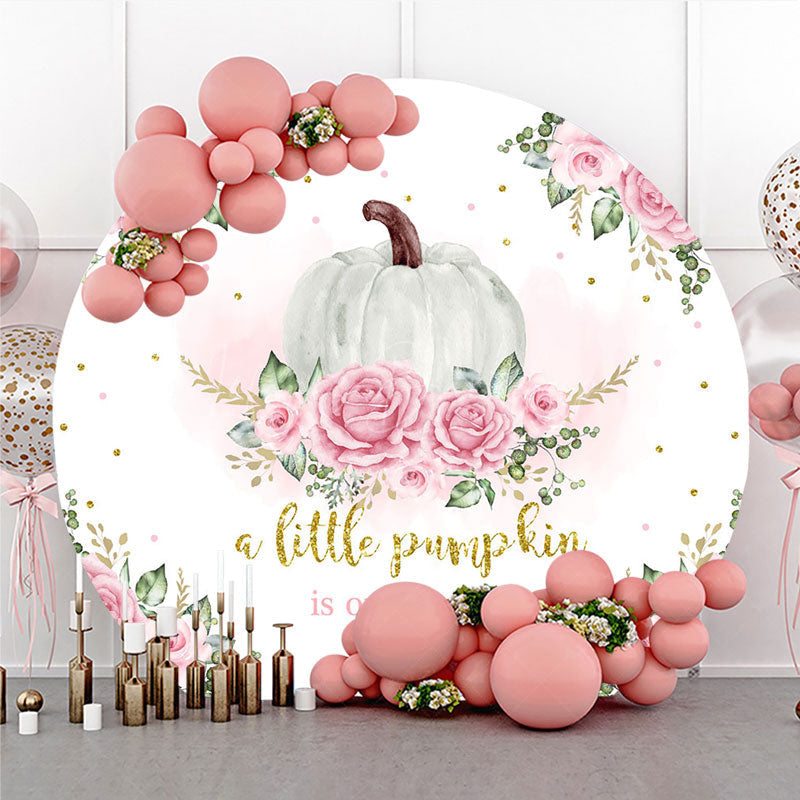 Lofaris A Little Pumpkin is on the Way Round Backdrop Pink Floral and Gold Glitter Girl Baby Shower Party Decor