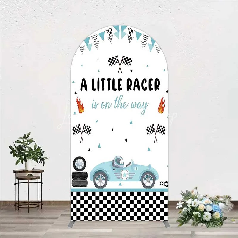 Lofaris A Little Racer is on the Way Arch Backdrop Blue Race Car and Checkered Flag Baby Shower Decor