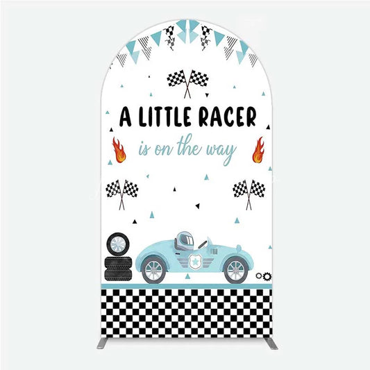 Lofaris A Little Racer is on the Way Arch Backdrop Blue Race Car and Checkered Flag Baby Shower Decor