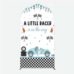 Lofaris A Little Racer is on the Way Arch Backdrop Blue Race Car and Checkered Flag Baby Shower Decor