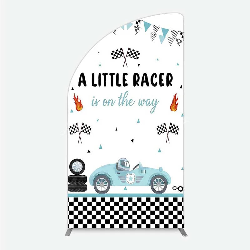 Lofaris A Little Racer is on the Way Half Moon Arch Backdrop Blue Race Car and Checkered Flag Baby Shower Decor