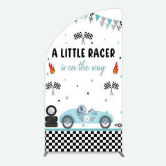 Lofaris A Little Racer is on the Way Half Moon Arch Backdrop Blue Race Car and Checkered Flag Baby Shower Decor