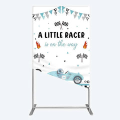 Lofaris A Little Racer is on the Way Rectangle Backdrop Blue Race Car and Checkered Flag Baby Shower Decor