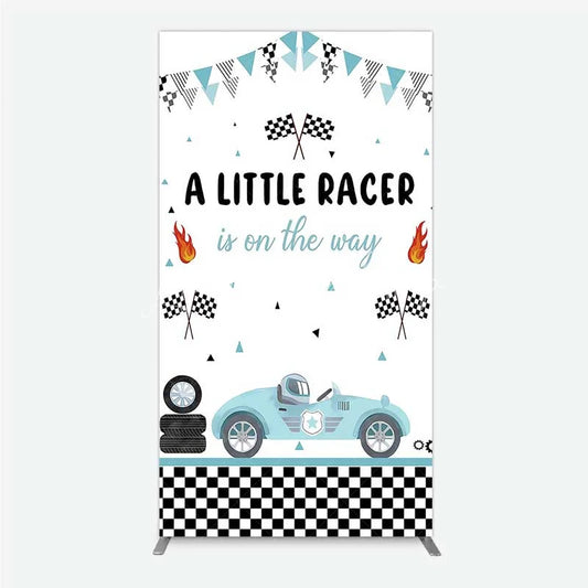 Lofaris A Little Racer is on the Way Rectangle Backdrop Blue Race Car and Checkered Flag Baby Shower Decor