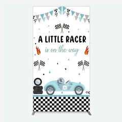 Lofaris A Little Racer is on the Way Rectangle Backdrop Blue Race Car and Checkered Flag Baby Shower Decor