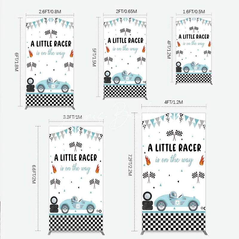 Lofaris A Little Racer is on the Way Rectangle Backdrop Blue Race Car and Checkered Flag Baby Shower Decor