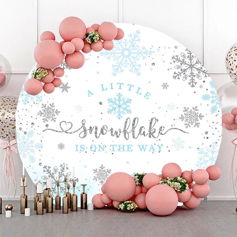 Lofaris A Little Snowflake is on the Way Round Backdrop Blue and Silver Winter Wonderland Baby Shower Party Decor