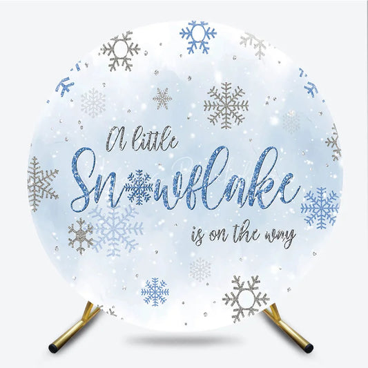 Lofaris A Little Snowflake Is On The Way Round Backdrop Winter Blue Baby Shower Decor