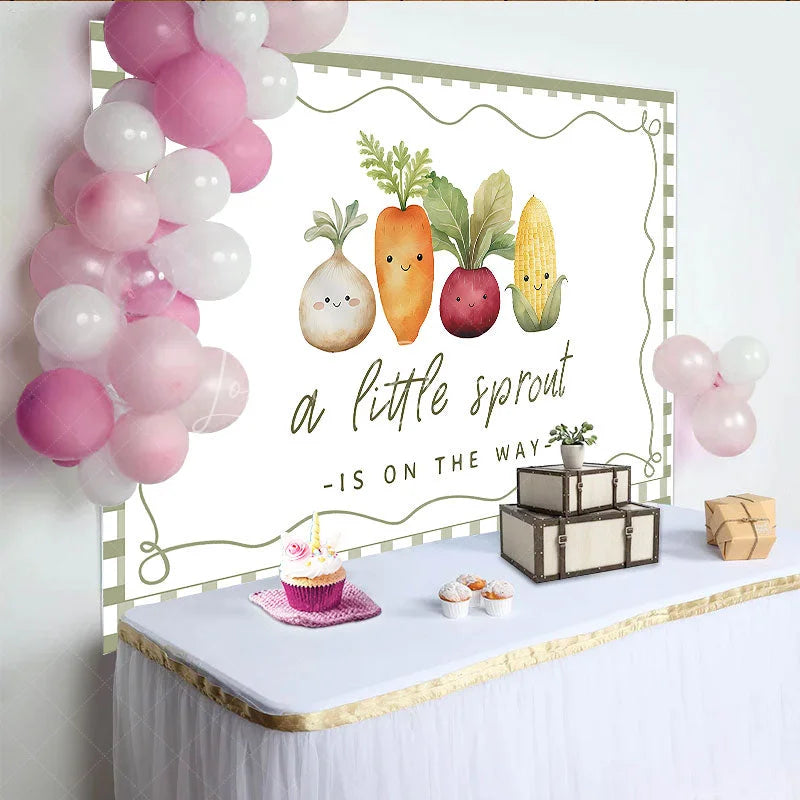 Lofaris A Little Sprout Is On The Way Baby Shower Backdrop Cute Garden Vegetable Green Gingham Party Banner