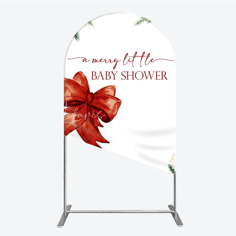 Lofaris A Merry Little Baby Shower Arch Backdrop Christmas Holiday Theme with Red Bow Winter Botanical Party Decor