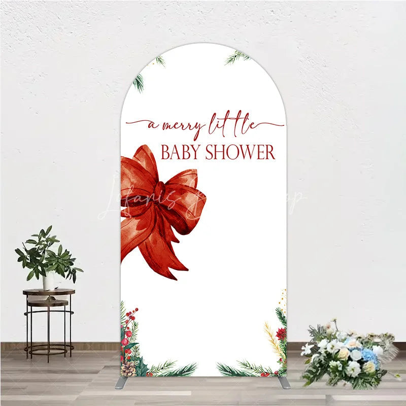 Lofaris A Merry Little Baby Shower Arch Backdrop Christmas Holiday Theme with Red Bow Winter Botanical Party Decor