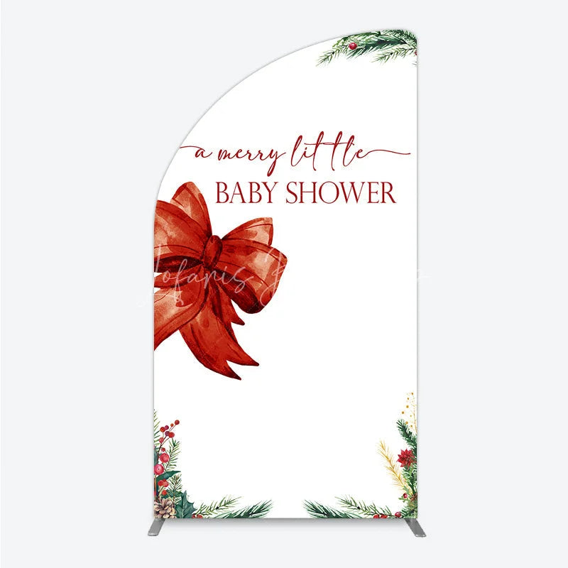 Lofaris A Merry Little Baby Shower Half Moon Arch Backdrop Christmas Holiday Theme with Red Bow Winter Botanical Party Decor