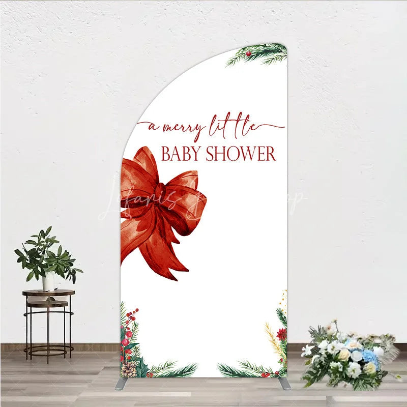Lofaris A Merry Little Baby Shower Half Moon Arch Backdrop Christmas Holiday Theme with Red Bow Winter Botanical Party Decor
