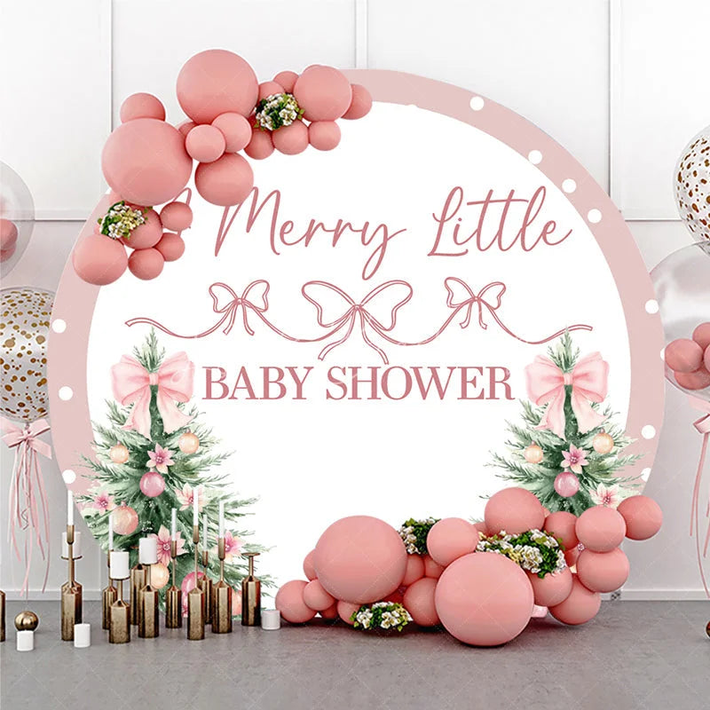 Lofaris A Merry Little Baby Shower Round Backdrop Pink Christmas Tree and Polka Dots Winter Holiday Party for Girl