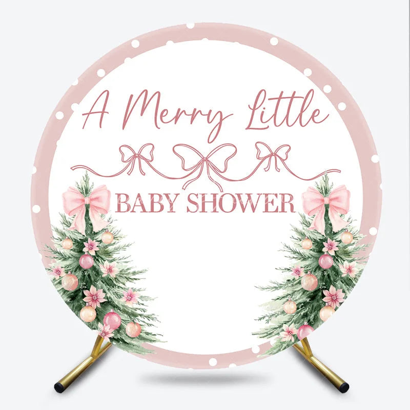 Lofaris A Merry Little Baby Shower Round Backdrop Pink Christmas Tree and Polka Dots Winter Holiday Party for Girl