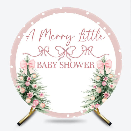 Lofaris A Merry Little Baby Shower Round Backdrop Pink Christmas Tree and Polka Dots Winter Holiday Party for Girl