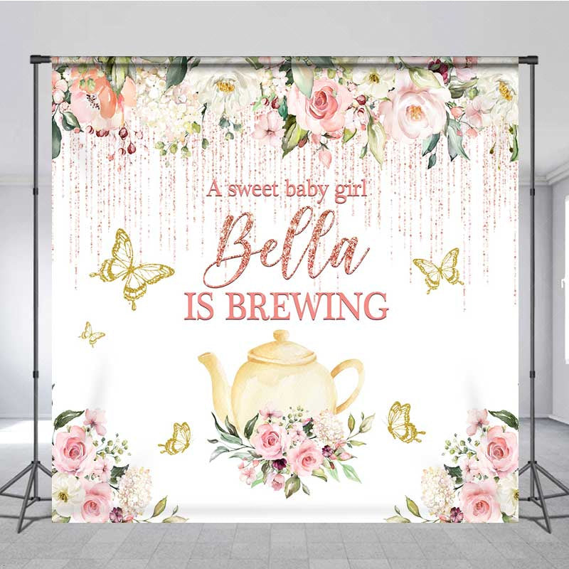 Lofaris A Sweet Baby Girl is Brewing Backdrop Custom Tea Party Shower Rose Gold Floral and Butterfly Banner