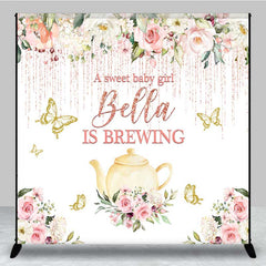Lofaris A Sweet Baby Girl is Brewing Backdrop Custom Tea Party Shower Rose Gold Floral and Butterfly Banner