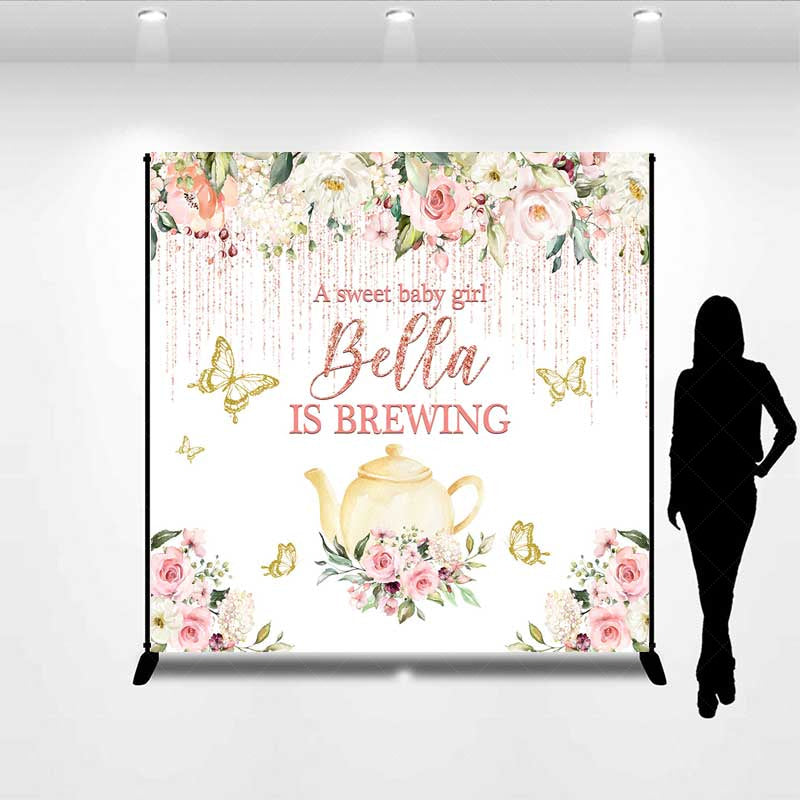 Lofaris A Sweet Baby Girl is Brewing Backdrop Custom Tea Party Shower Rose Gold Floral and Butterfly Banner