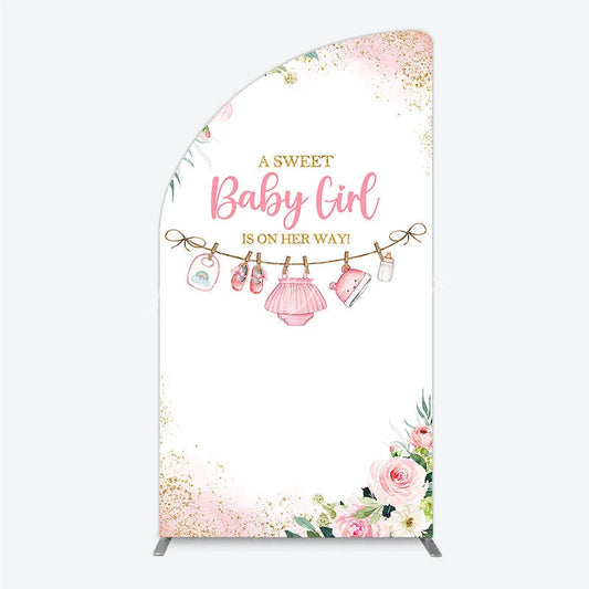 Lofaris A Sweet Baby Girl Is On Her Way Half Moon Arch Backdrop Pink Floral Gold Glitter Shower Decor