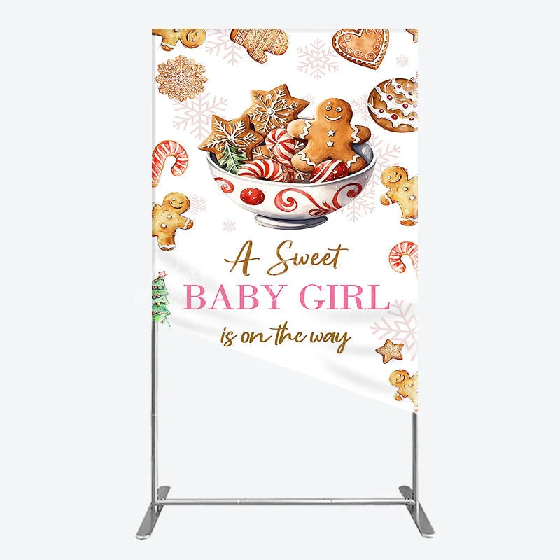 Lofaris A Sweet Baby Girl is on the Way Rectangle Backdrop Christmas Gingerbread Cookie Winter Holiday Shower Decor