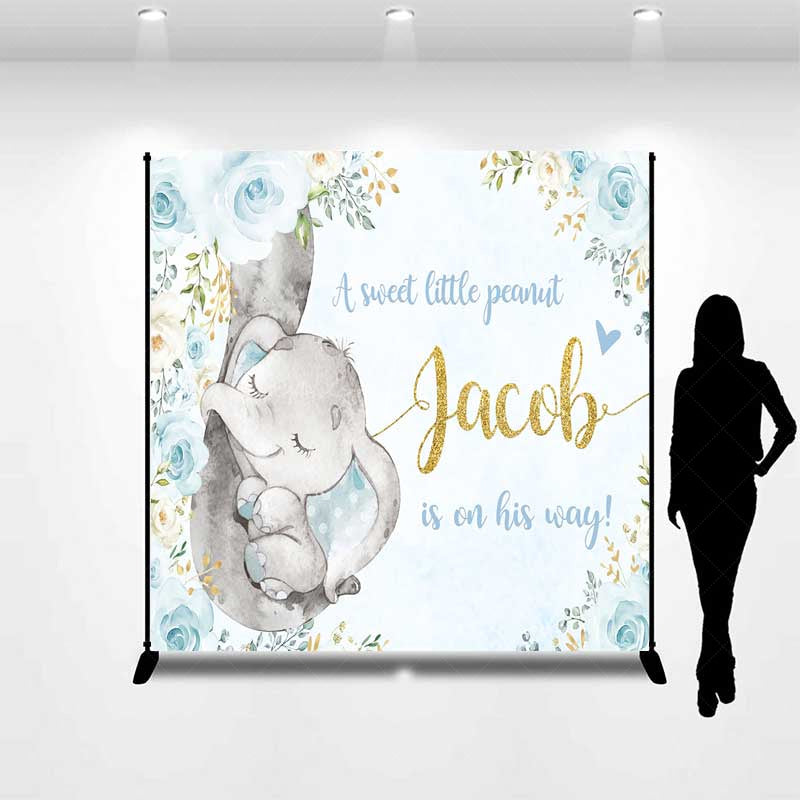 Lofaris A Sweet Little Peanut Is On His Way Backdrop Custom Elephant Baby Shower Blue and Gold Floral Welcome Sign Decor