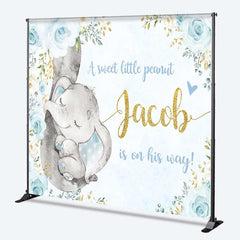 Lofaris A Sweet Little Peanut Is On His Way Backdrop Custom Elephant Baby Shower Blue and Gold Floral Welcome Sign Decor
