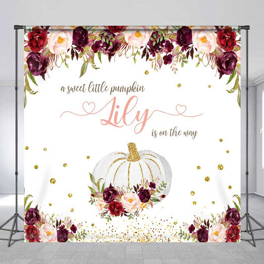 Lofaris A Sweet Little Pumpkin Is On The Way Backdrop Custom Fall Themed Baby Shower Burgundy Floral Welcome Sign