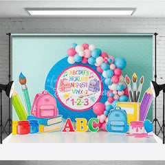 Lofaris ABC 123 Back To School Backdrop Blue Circle Backpacks Paintbrushes Background Preschool Photography Banner