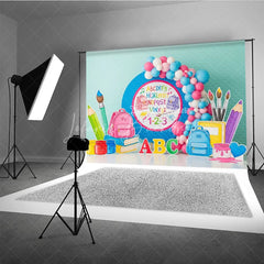 Lofaris ABC 123 Back To School Backdrop Blue Circle Backpacks Paintbrushes Background Preschool Photography Banner