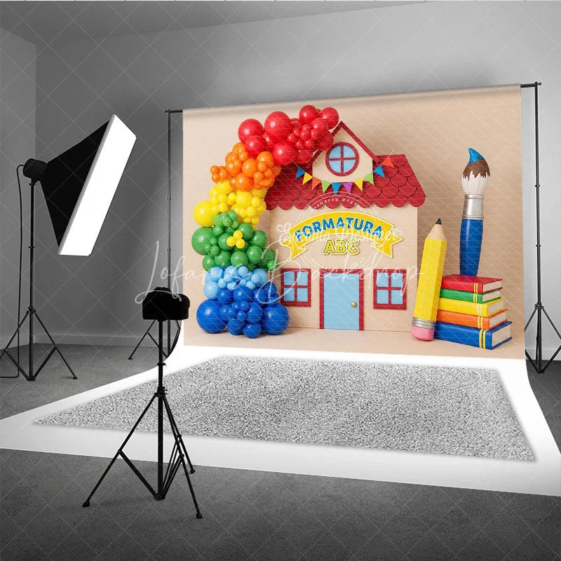 Lofaris ABC Graduation Schoolhouse Backdrop Rainbow Balloons Paintbrush Pencil Background Preschool Photography Prop