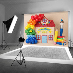 Lofaris ABC Graduation Schoolhouse Backdrop Rainbow Balloons Paintbrush Pencil Background Preschool Photography Prop