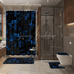 Lofaris Abstract 3D Blue and Black Cube Shower Curtain Set 4 Piece Futuristic Geometric Bathroom Decor
