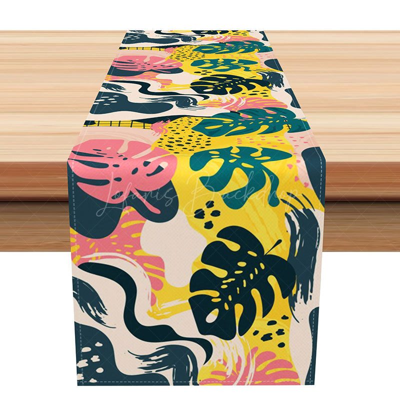 Lofaris Abstract Art Table Runner with Painted Monstera Leaves Modern Botanical Decor for Kitchen and Dining