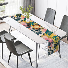Lofaris Abstract Art Table Runner with Painted Monstera Leaves Modern Botanical Decor for Kitchen and Dining