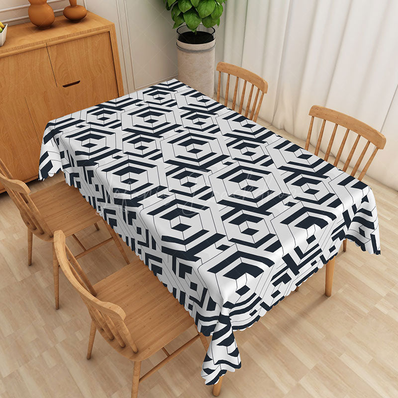 Lofaris Abstract Black and White Geometric Rectangle Tablecloth for Modern Contemporary Dining Room Decor