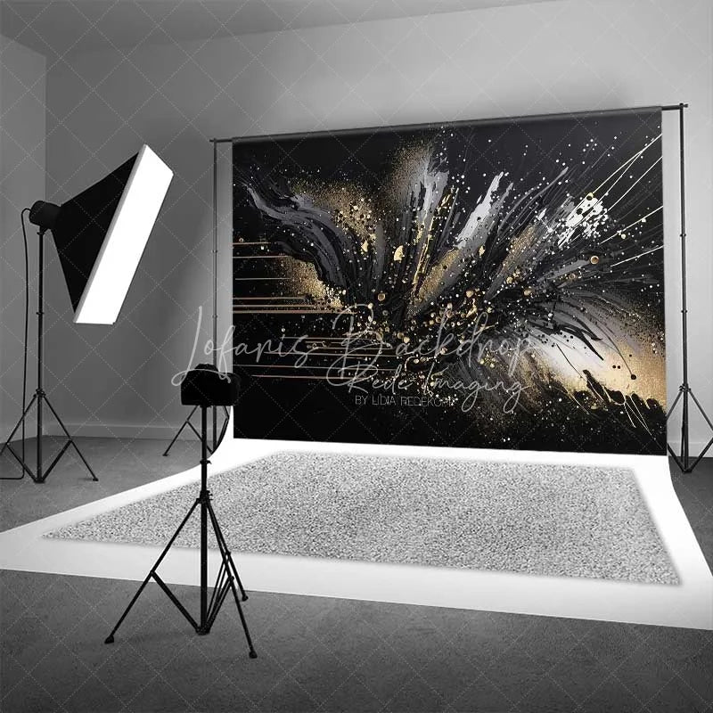 Lofaris Abstract Black Gold Splatter Fine Art Backdrop Thick Paint Strokes Studio Portrait Photography Background