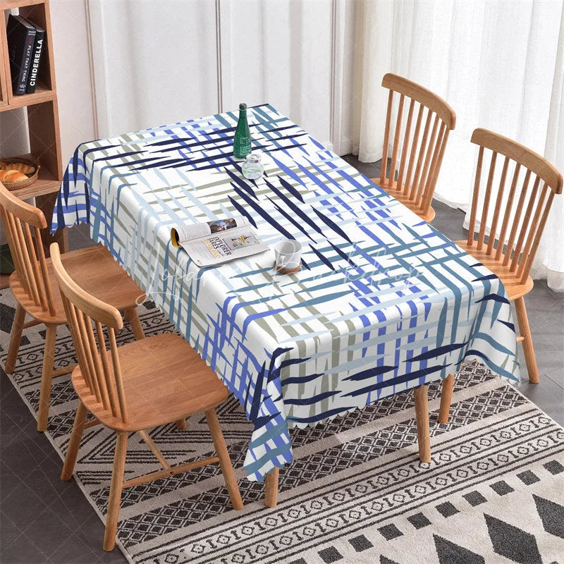 Lofaris Abstract Blue and Grey Brushstroke Pattern Rectangle Tablecloth Modern Artistic Dining Event Decor