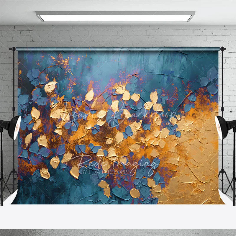 Lofaris Abstract Blue Gold Leaves Backdrop Dark Teal Plant Foil Texture Background Artistic Photography Prop