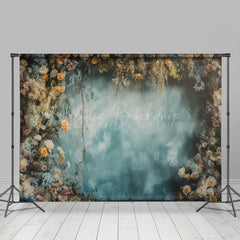 Lofaris Abstract Blue Wall Floral Wood Floor Room Set Backdrop