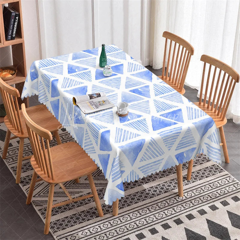 Lofaris Abstract Blue Watercolor Triangle Pattern Rectangle Tablecloth Scalloped Edge Home Dining Decor