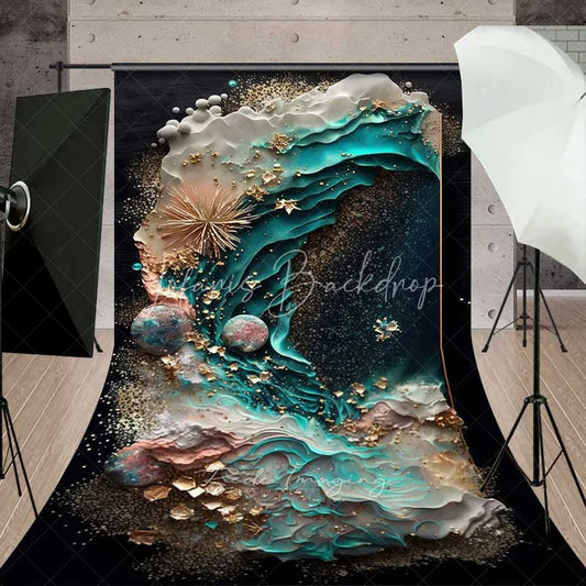 Lofaris Abstract Dark Teal Ocean Wave Backdrop Gold Foil and Textured Sea Urchin Professional Photography Background