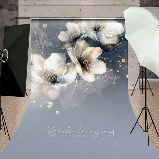 Lofaris Abstract Dreamy Floral Sweep Photo Backdrop Translucent White Flower Background Gold Dot Art Floor Prop