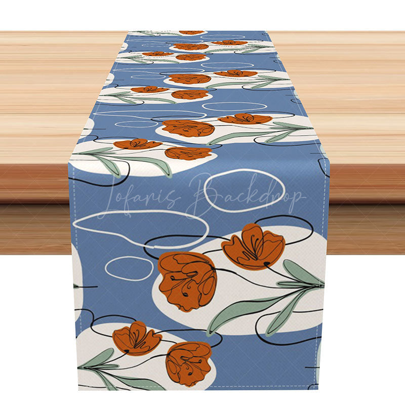 Lofaris Abstract Floral Table Runner in Blue White and Red for Patriotic Holiday Summer Party Decor